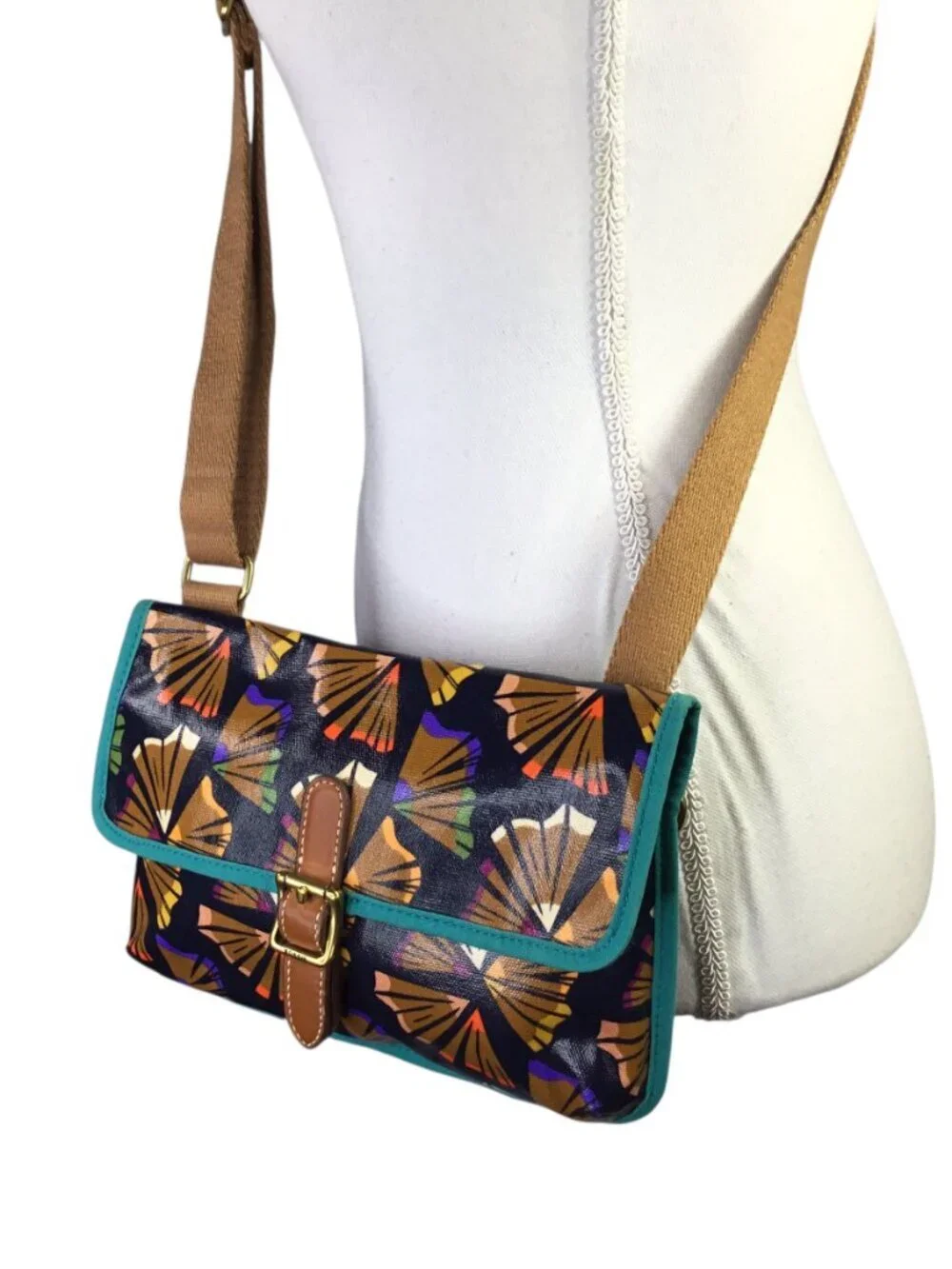 Fossil Crossbody Waxed Coated Canvas Purse Bag Colored Pencil Shavings Teal Trim